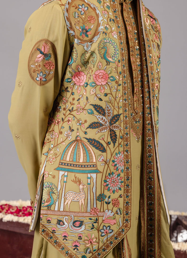 Green Georgette Kurta Pants Set With Embroidered Jacket Kalpraag - Fabilicious Fashion