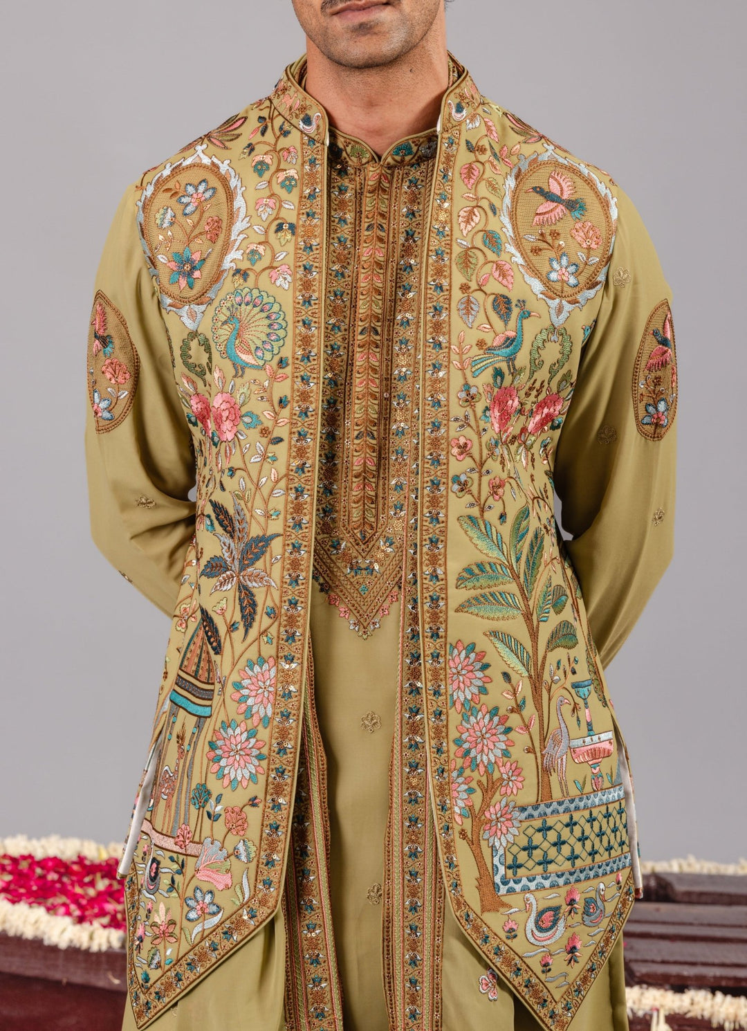 Green Georgette Kurta Pants Set With Embroidered Jacket Kalpraag - Fabilicious Fashion