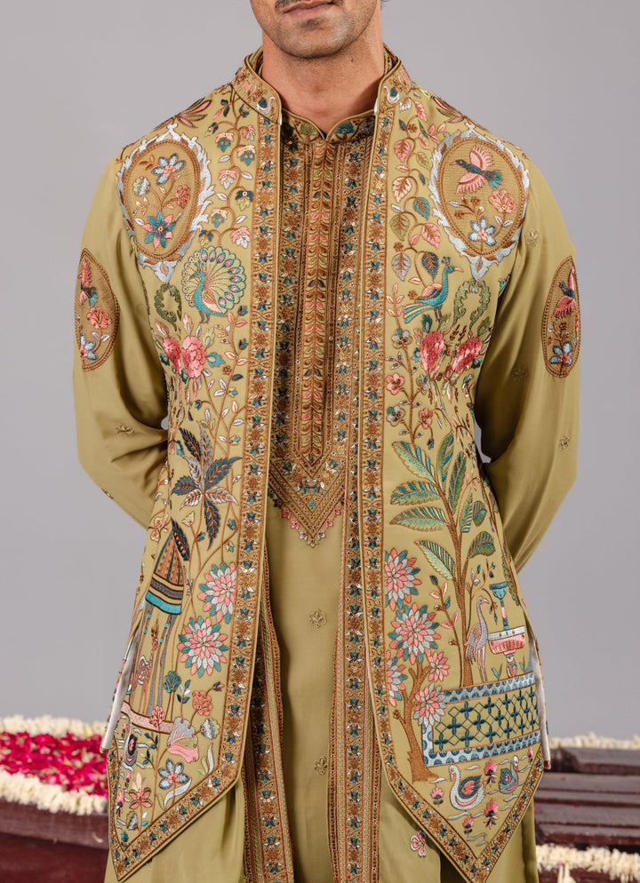 Green Georgette Kurta Pants Set With Embroidered Jacket Kalpraag - Fabilicious Fashion