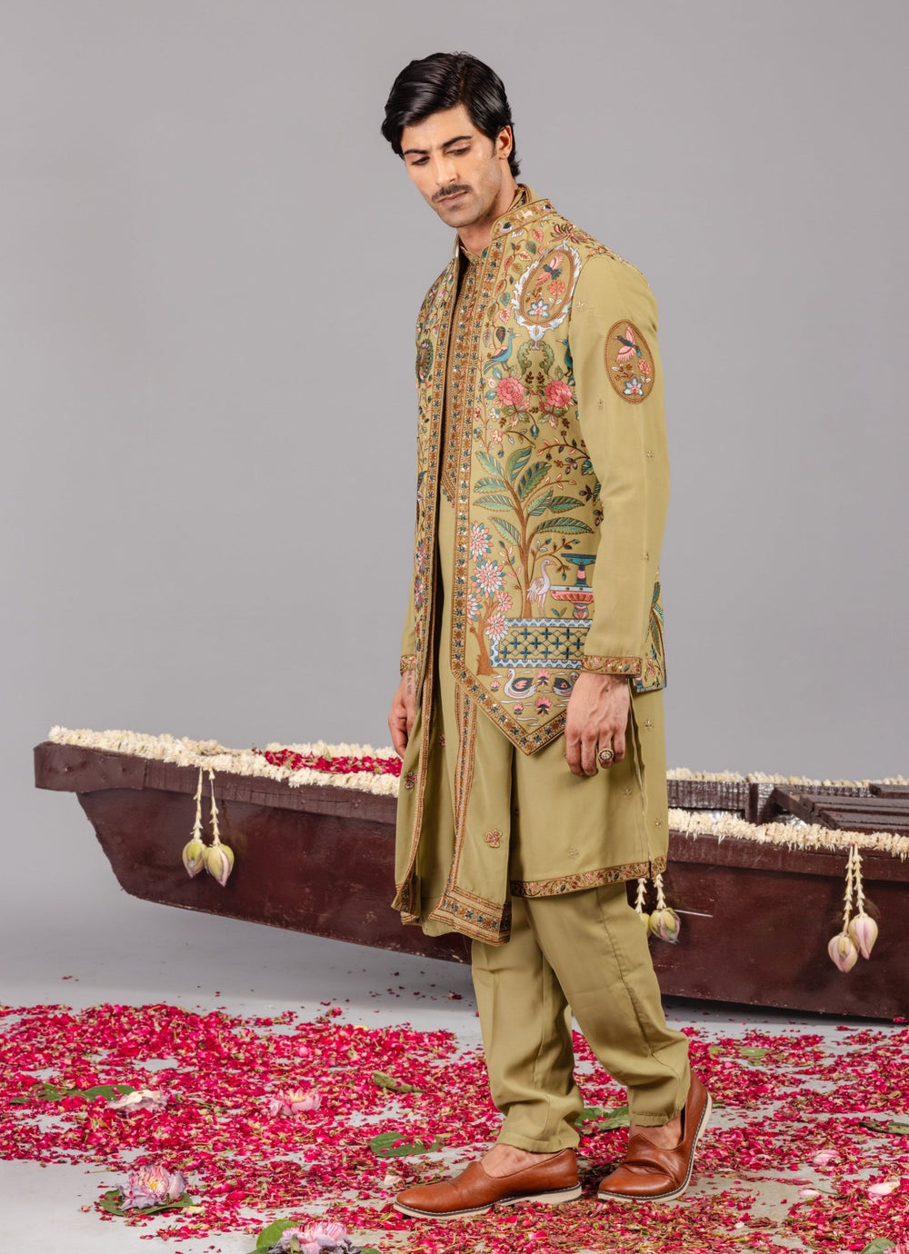 Green Georgette Kurta Pants Set With Embroidered Jacket Kalpraag - Fabilicious Fashion