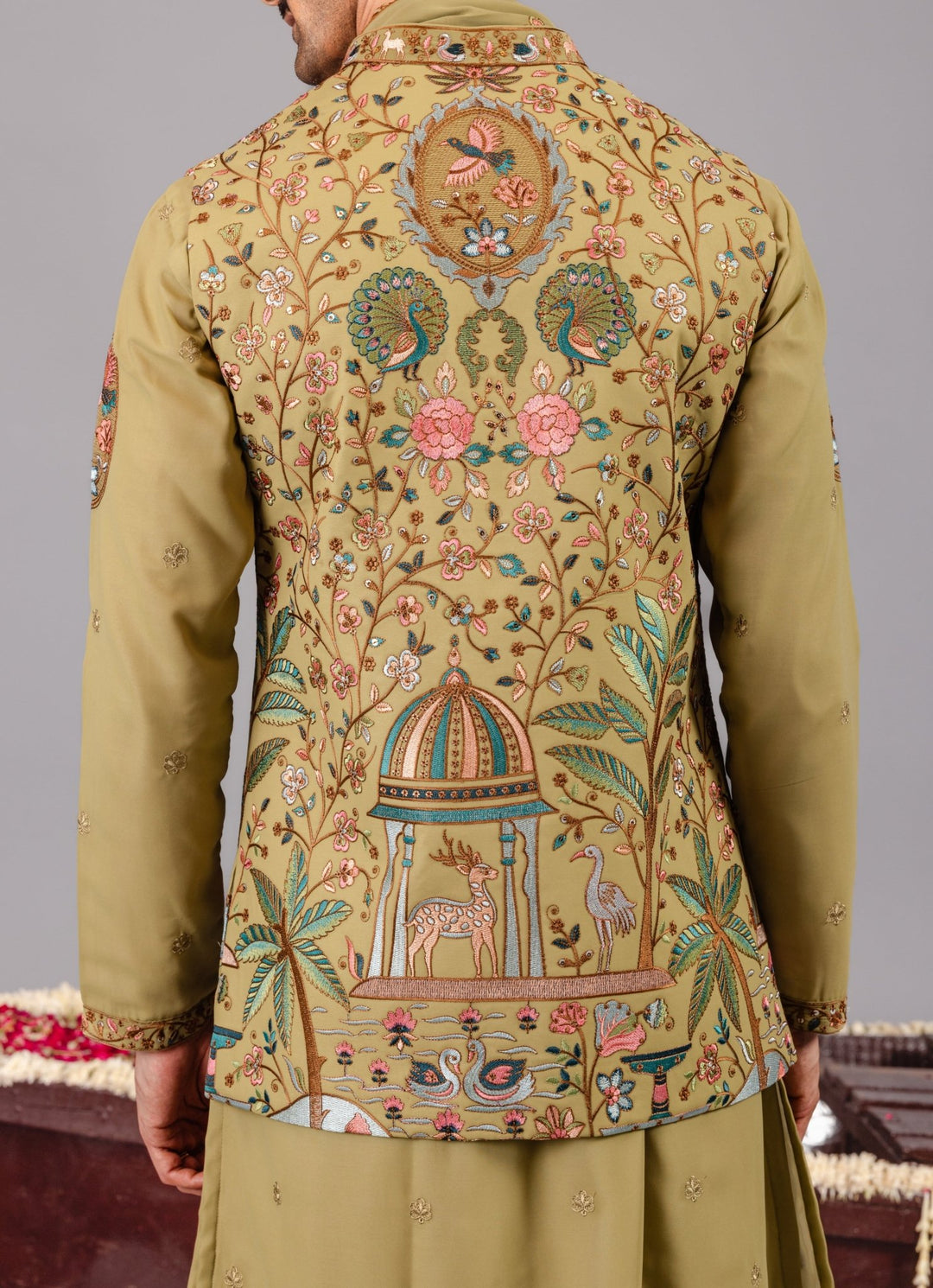 Green Georgette Kurta Pants Set With Embroidered Jacket Kalpraag - Fabilicious Fashion