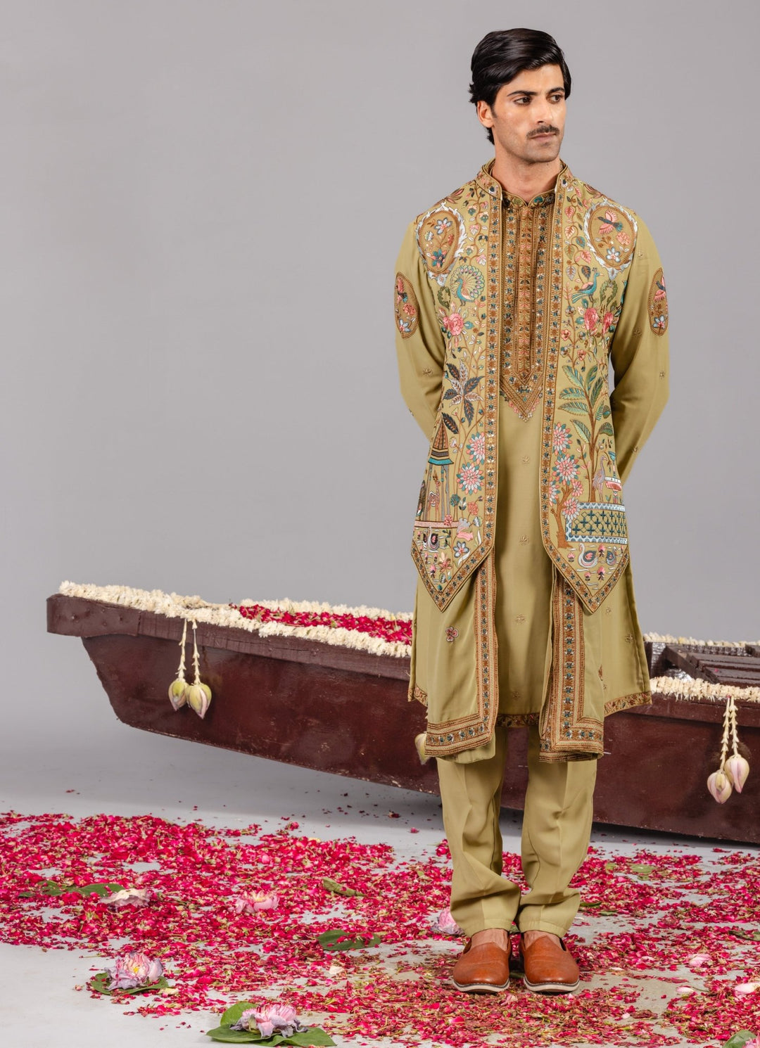 Green Georgette Kurta Pants Set With Embroidered Jacket Kalpraag - Fabilicious Fashion