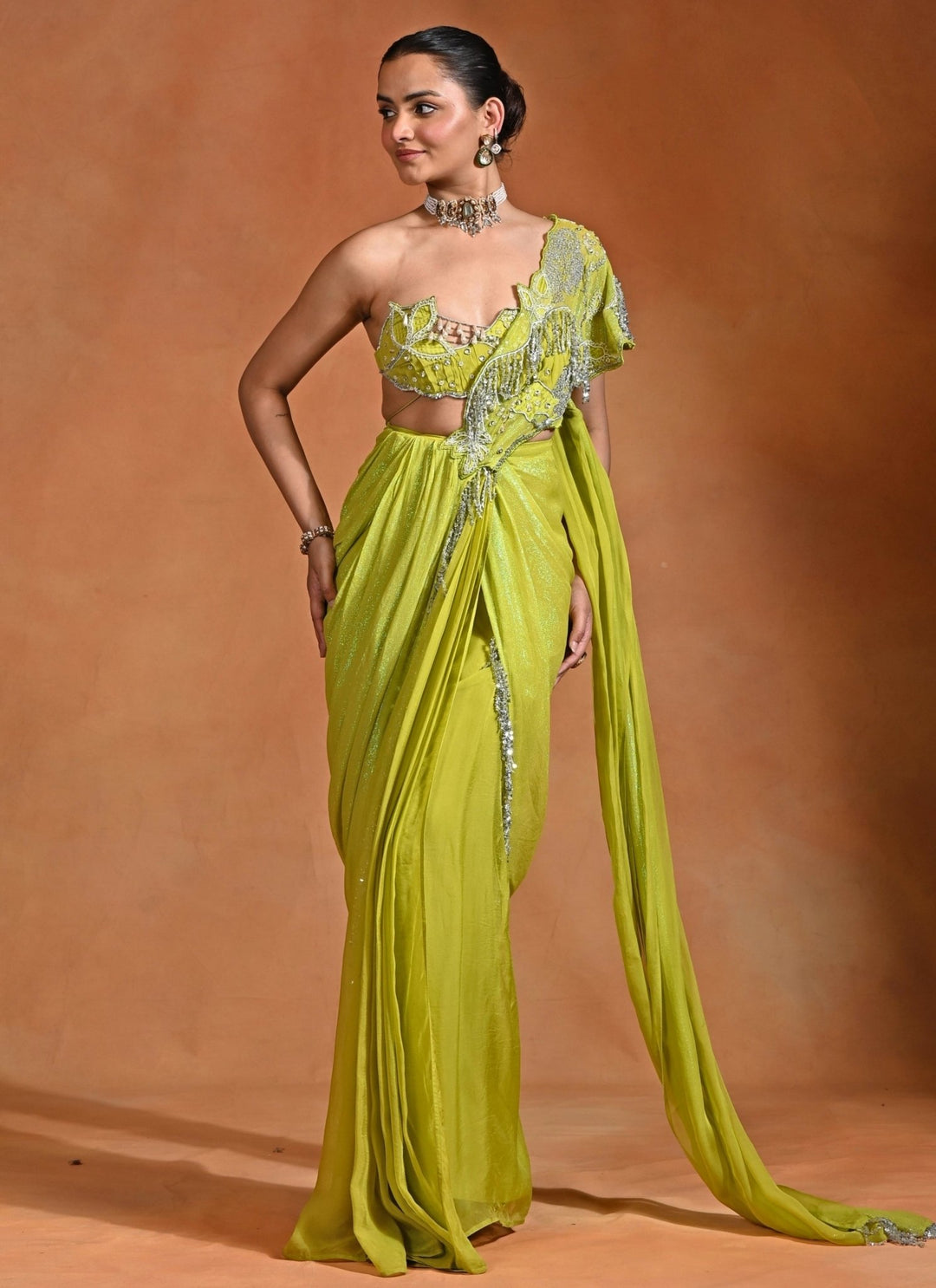 Rishi and Vibhuti Green Georgette Pre-Draped SareeFabilicious Fashion