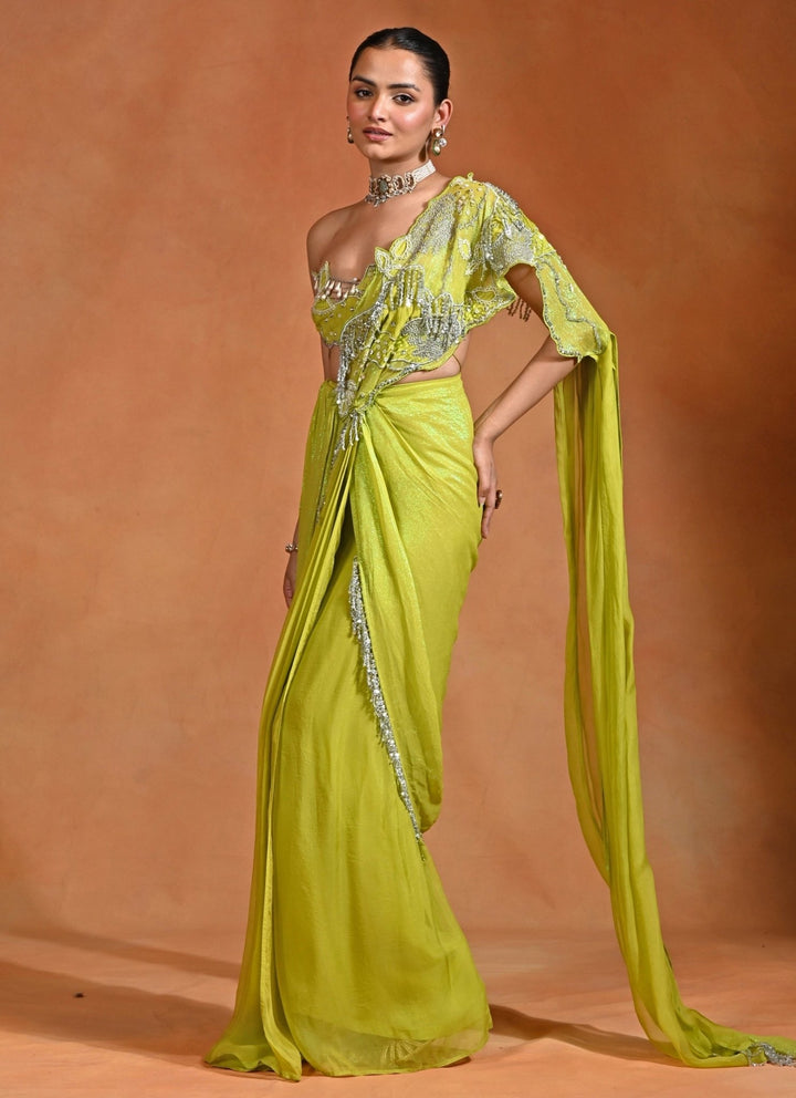 Rishi and Vibhuti Green Georgette Pre-Draped SareeFabilicious Fashion