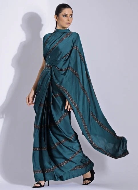 Studio Surbhi Green Georgette Satin Collar-Pallu Pre-Draped SareeFabilicious Fashion