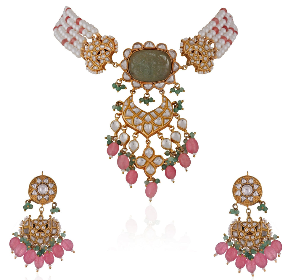 Green Gold Tone Choker Necklace Set Riana by Shikha Jindal - Fabilicious Fashion