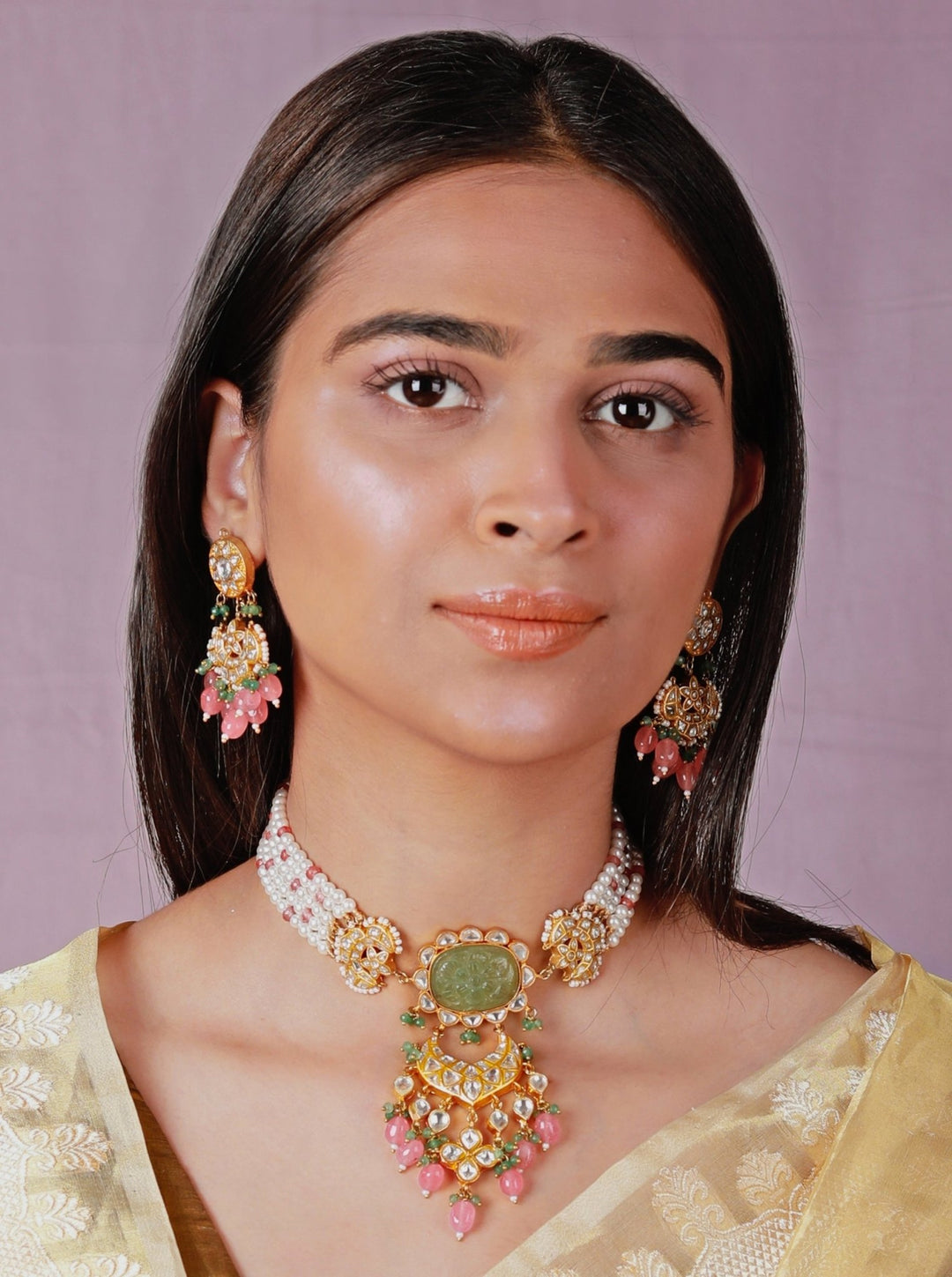 Green Gold Tone Choker Necklace Set Riana by Shikha Jindal - Fabilicious Fashion