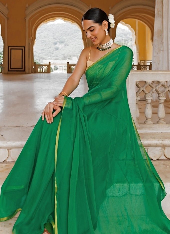 Green Hand - Dyed Chiffon Saree Geroo Jaipur - Fabilicious Fashion