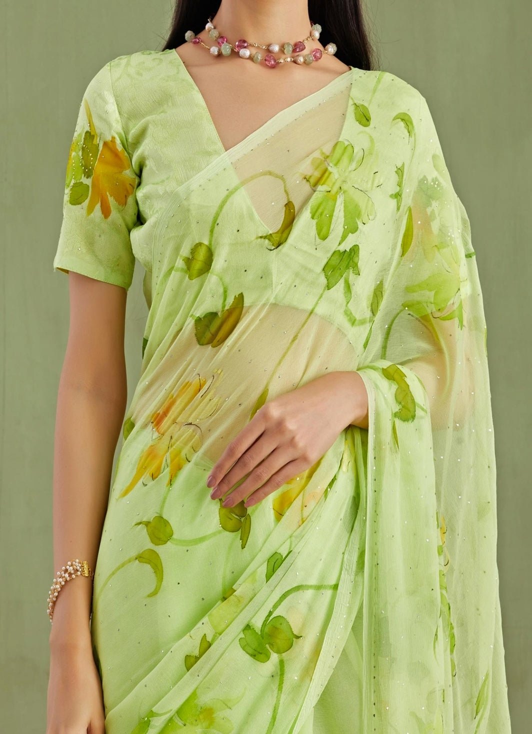 Geroo Jaipur Green Hand Painted Chiffon Pre - Draped SareeFabilicious Fashion