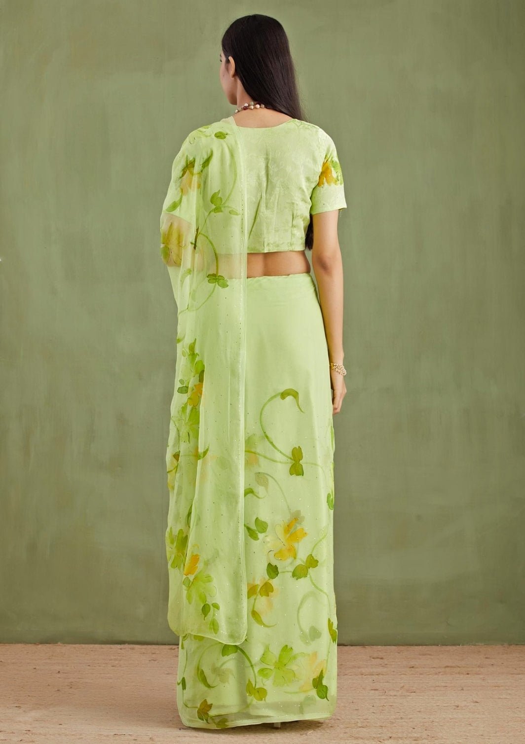 Geroo Jaipur Green Hand Painted Chiffon Pre - Draped SareeFabilicious Fashion