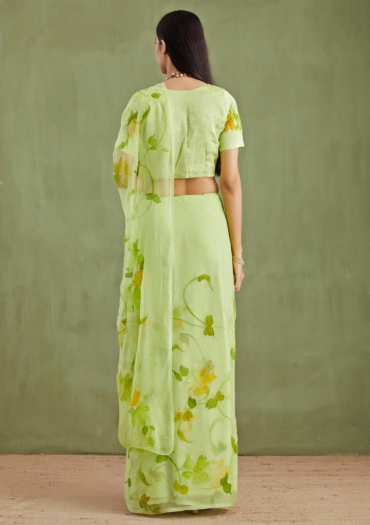 Geroo Jaipur Green Hand Painted Chiffon Pre - Draped SareeFabilicious Fashion