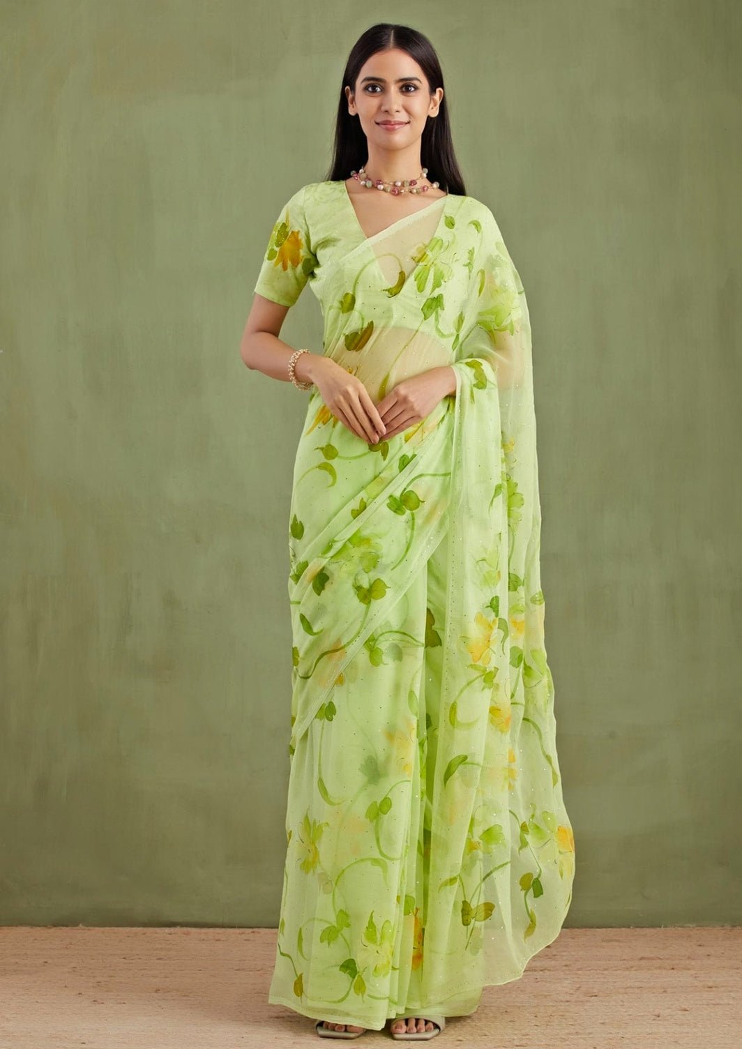 Geroo Jaipur Green Hand Painted Chiffon Pre - Draped SareeFabilicious Fashion