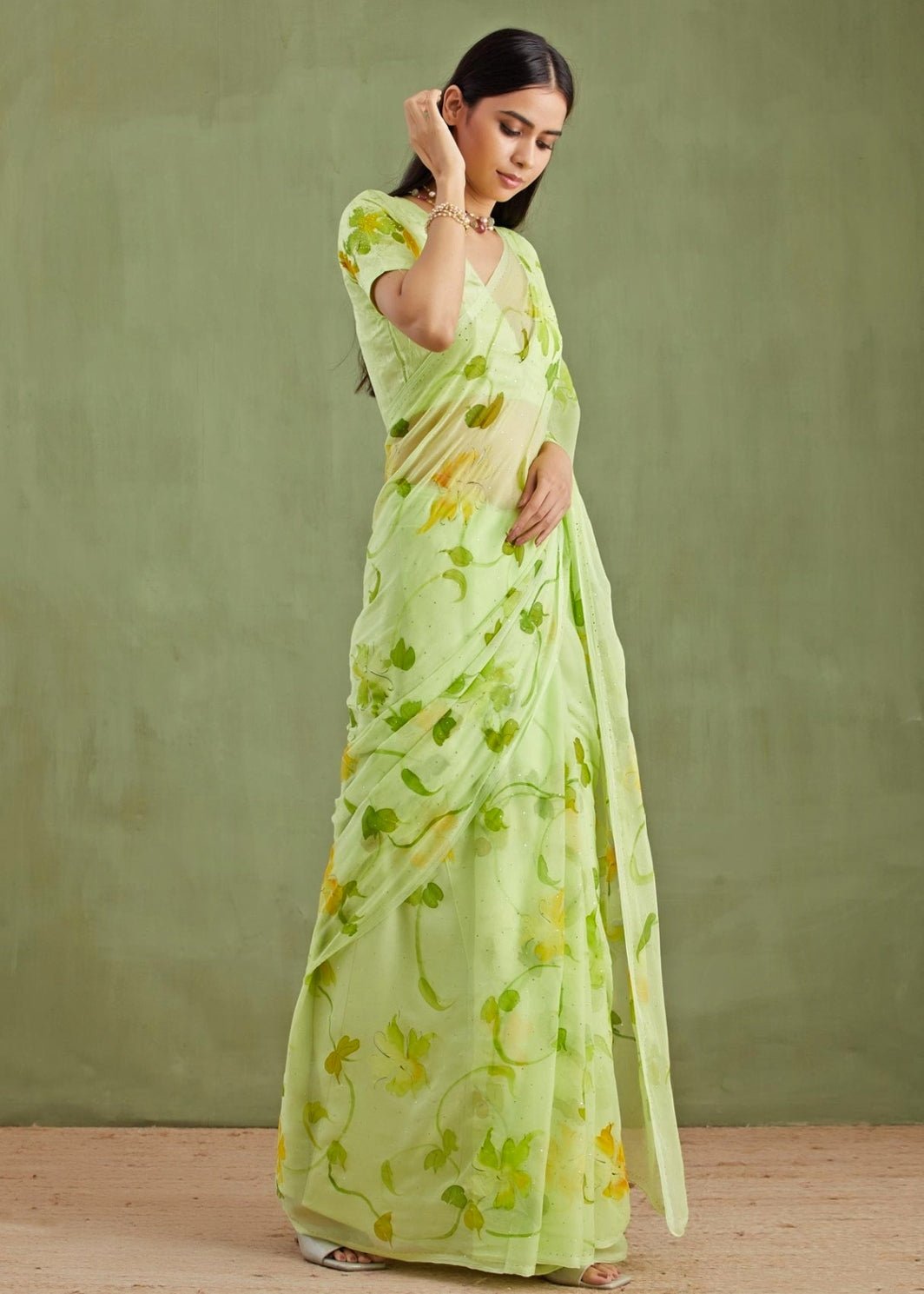 Geroo Jaipur Green Hand Painted Chiffon Pre - Draped SareeFabilicious Fashion