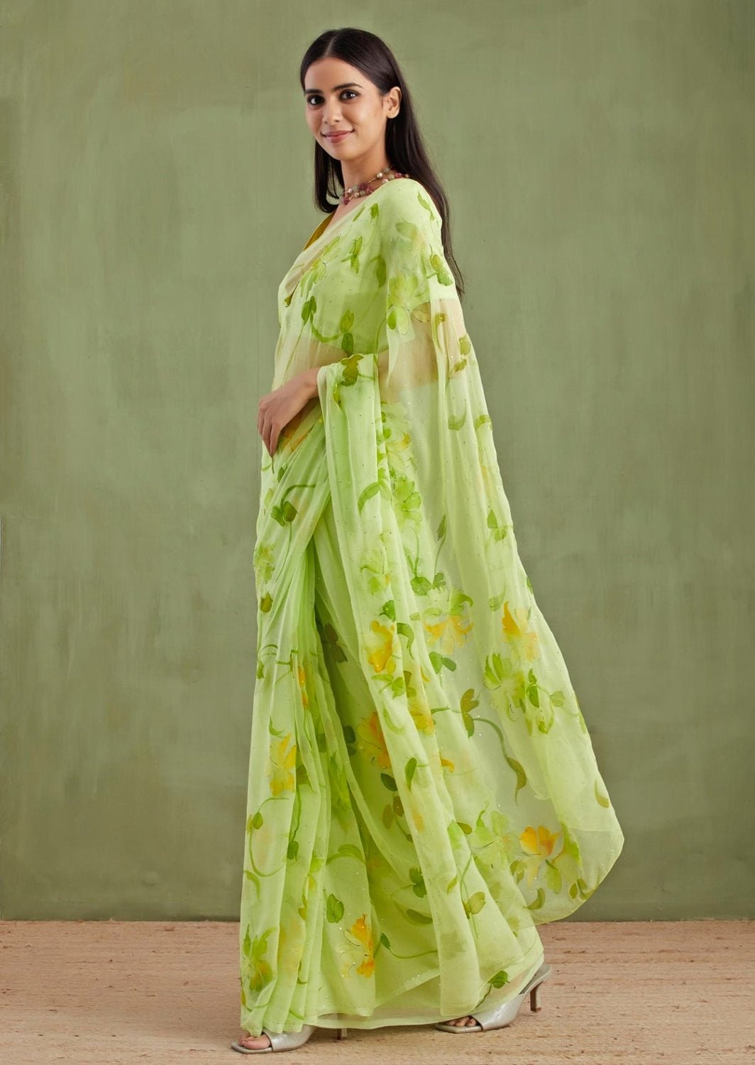 Geroo Jaipur Green Hand Painted Chiffon Pre - Draped SareeFabilicious Fashion