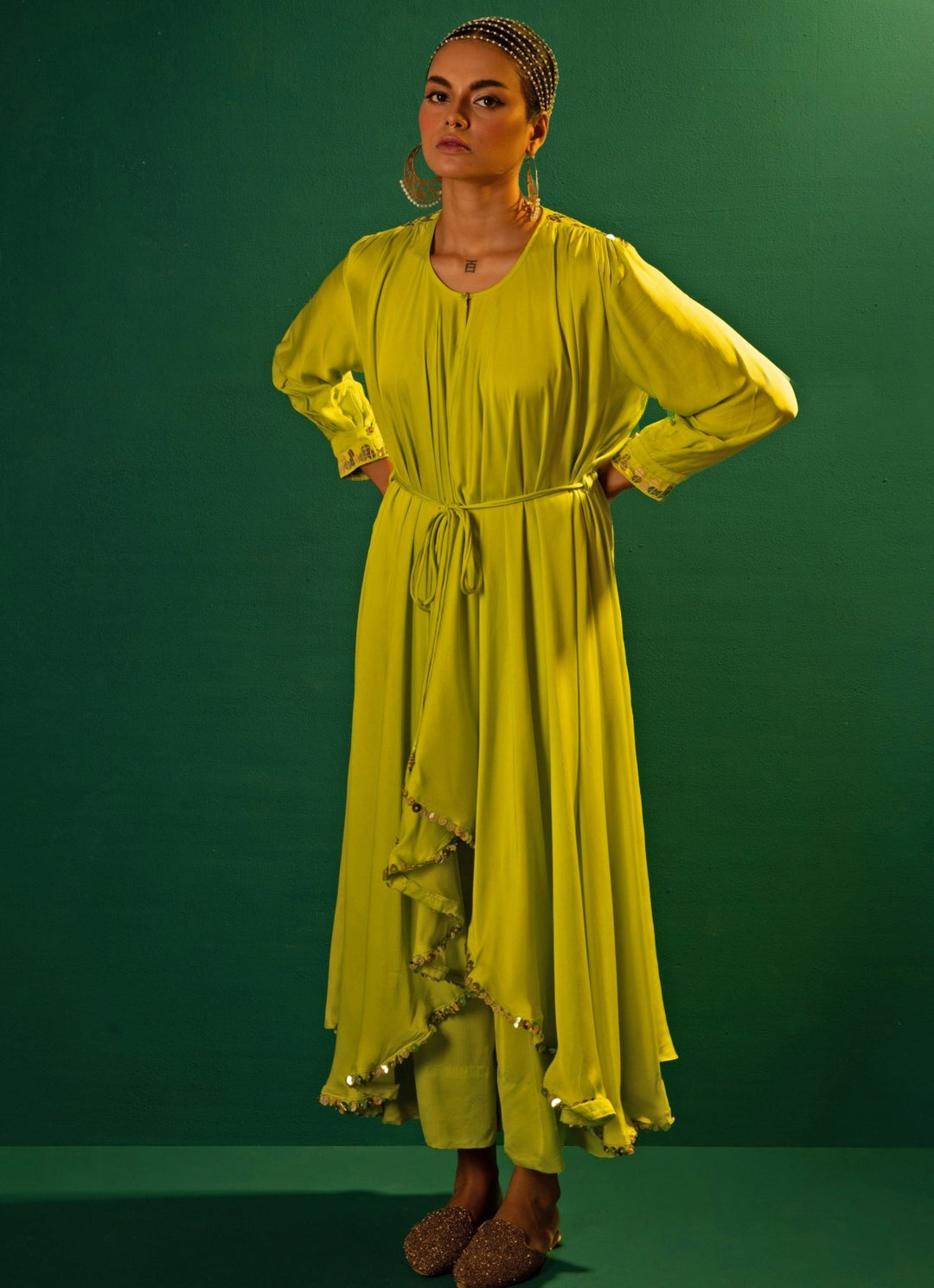 Green High - Low Embroidered Satin Kurta Set Prahnaaya - Fabilicious Fashion