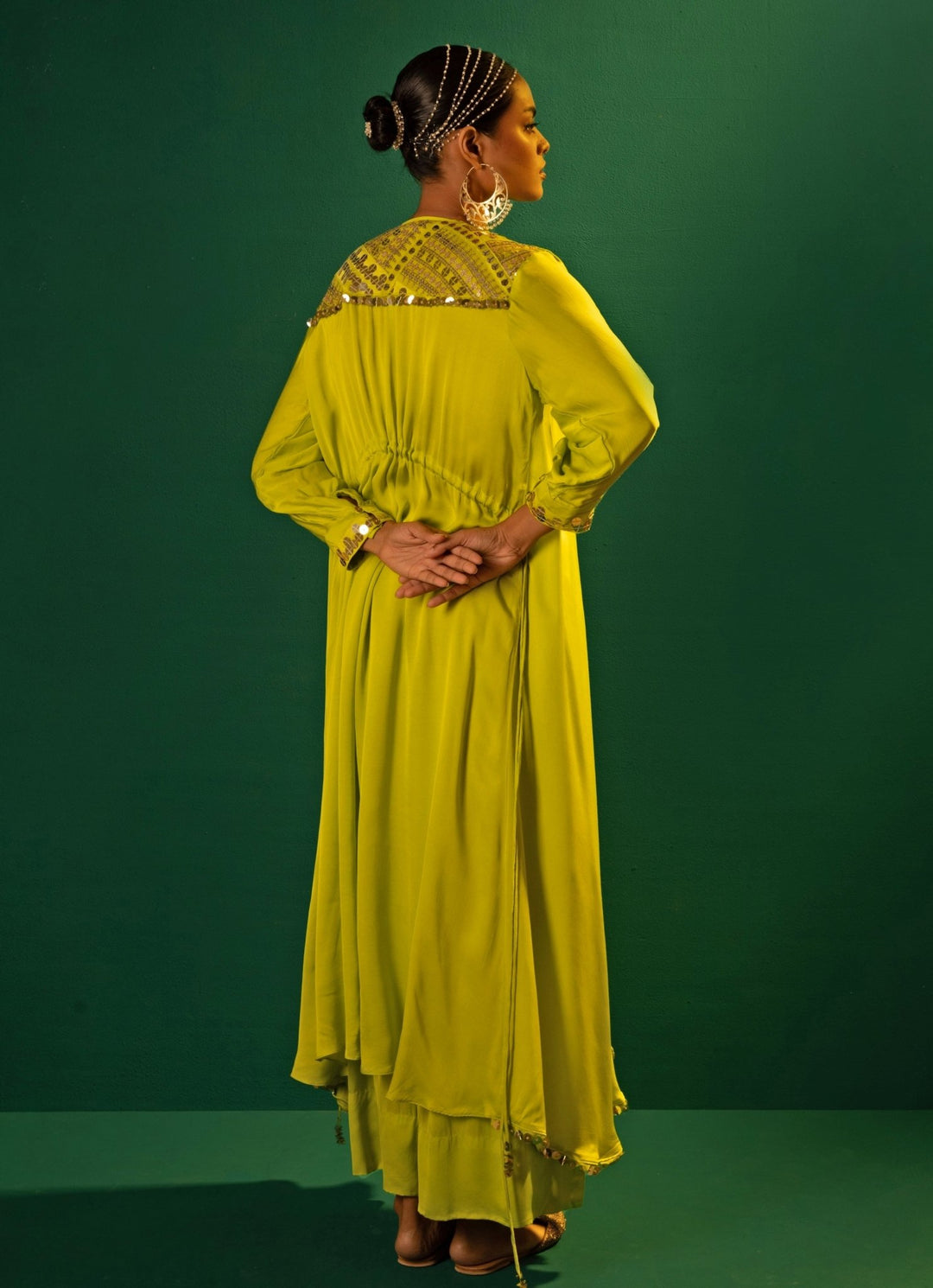 Green High - Low Embroidered Satin Kurta Set Prahnaaya - Fabilicious Fashion