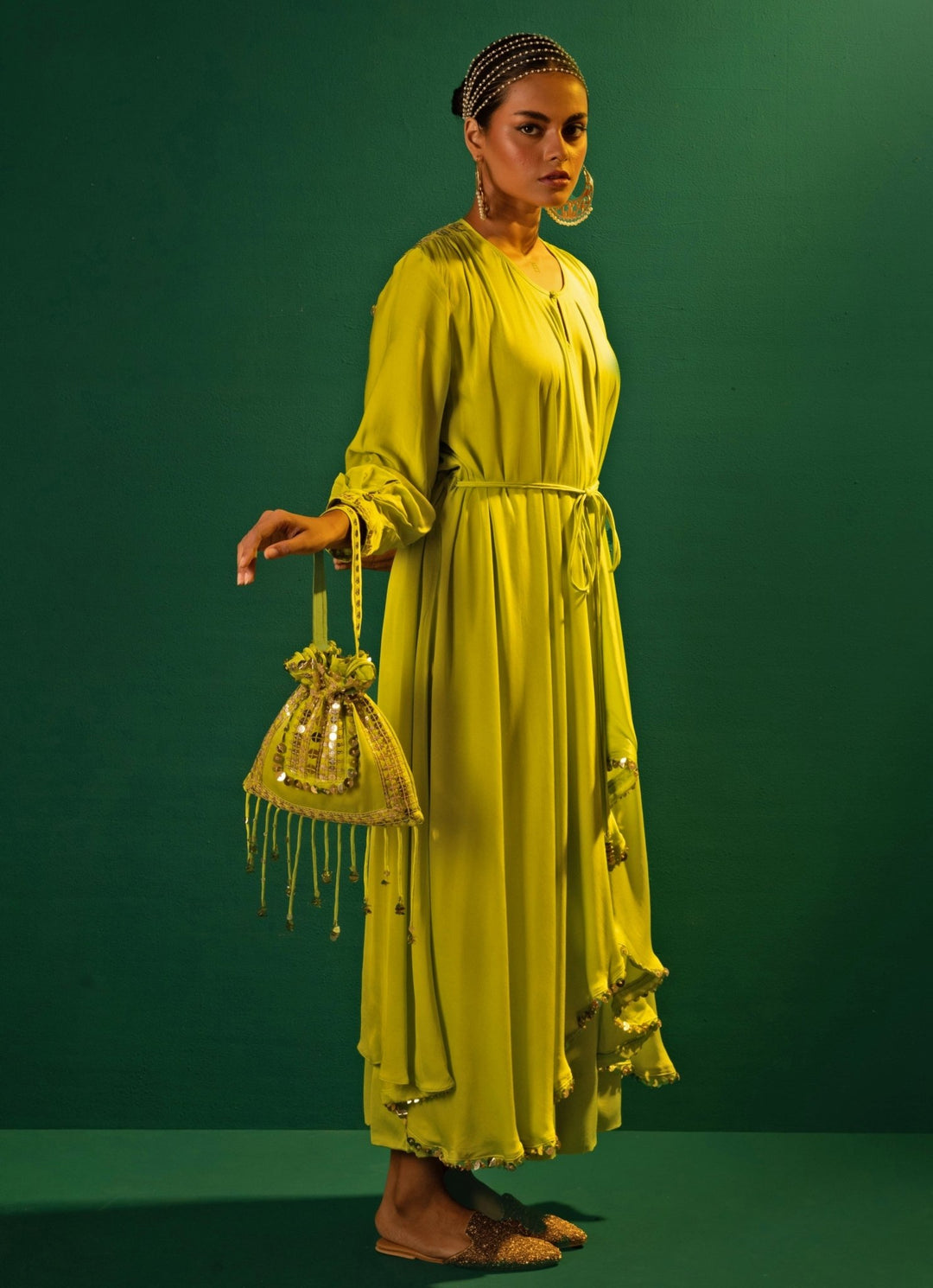 Green High - Low Embroidered Satin Kurta Set Prahnaaya - Fabilicious Fashion