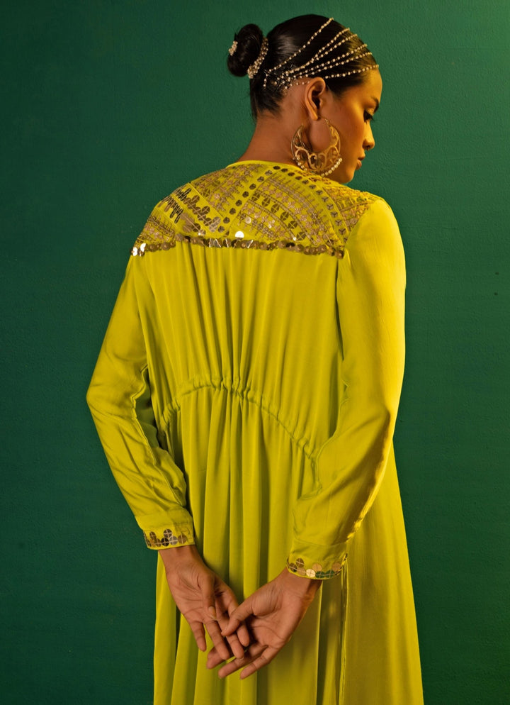 Green High - Low Embroidered Satin Kurta Set Prahnaaya - Fabilicious Fashion