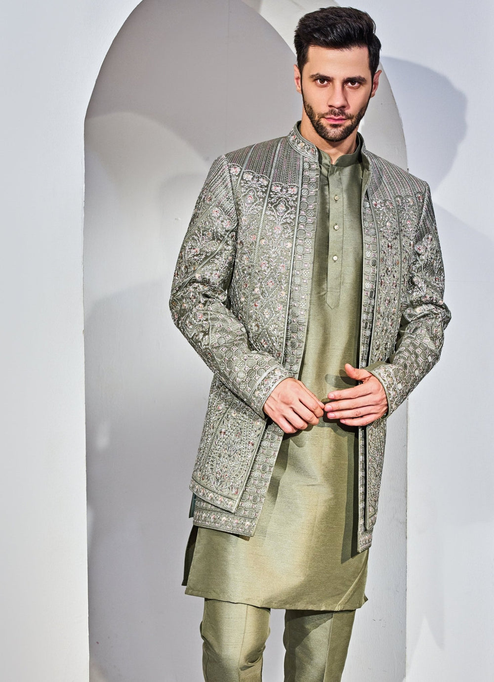 Green Indo - Western Embroidery Kurta Jacket Set Chatenya Mittal - Fabilicious Fashion