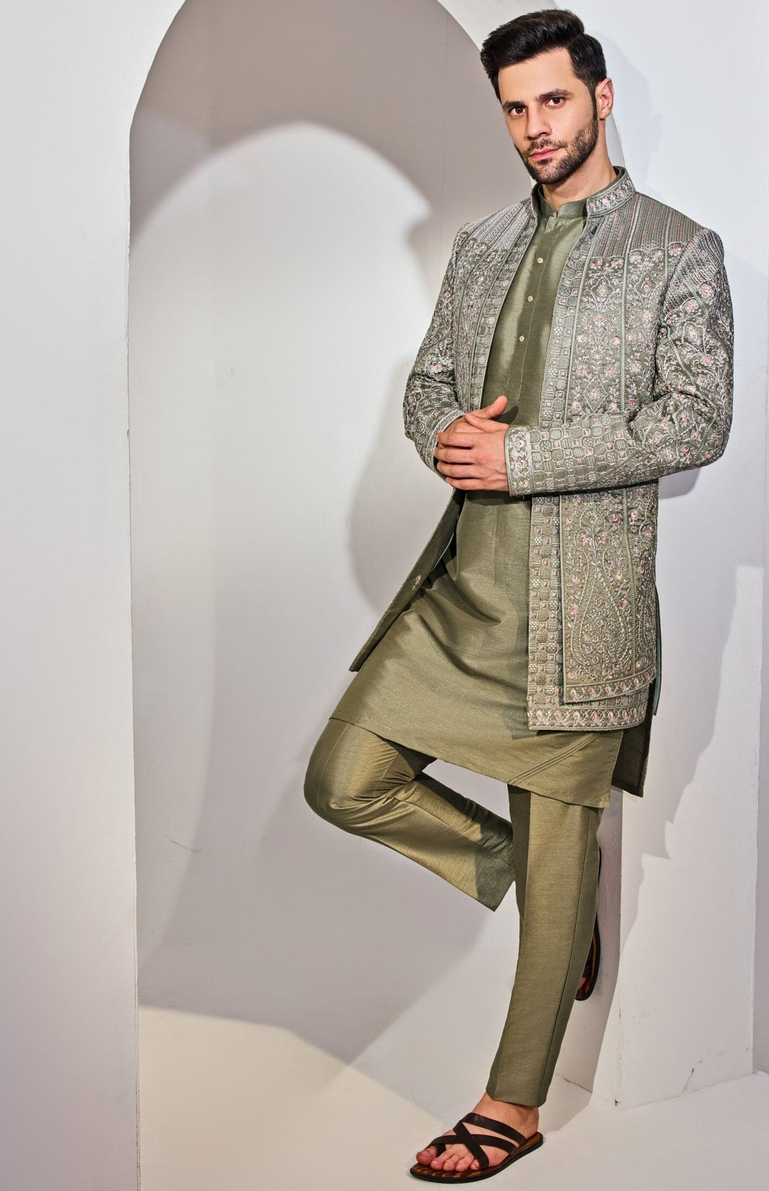 Green Indo - Western Embroidery Kurta Jacket Set Chatenya Mittal - Fabilicious Fashion