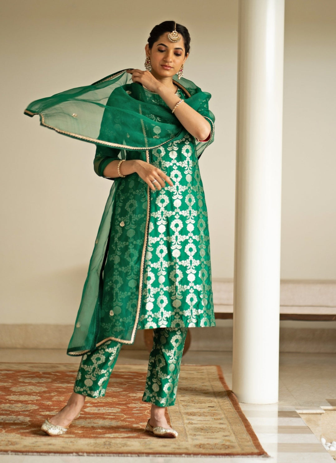 Green Jaal Weaved Brocade Silk Kurta Pant Set Sobariko - Fabilicious Fashion