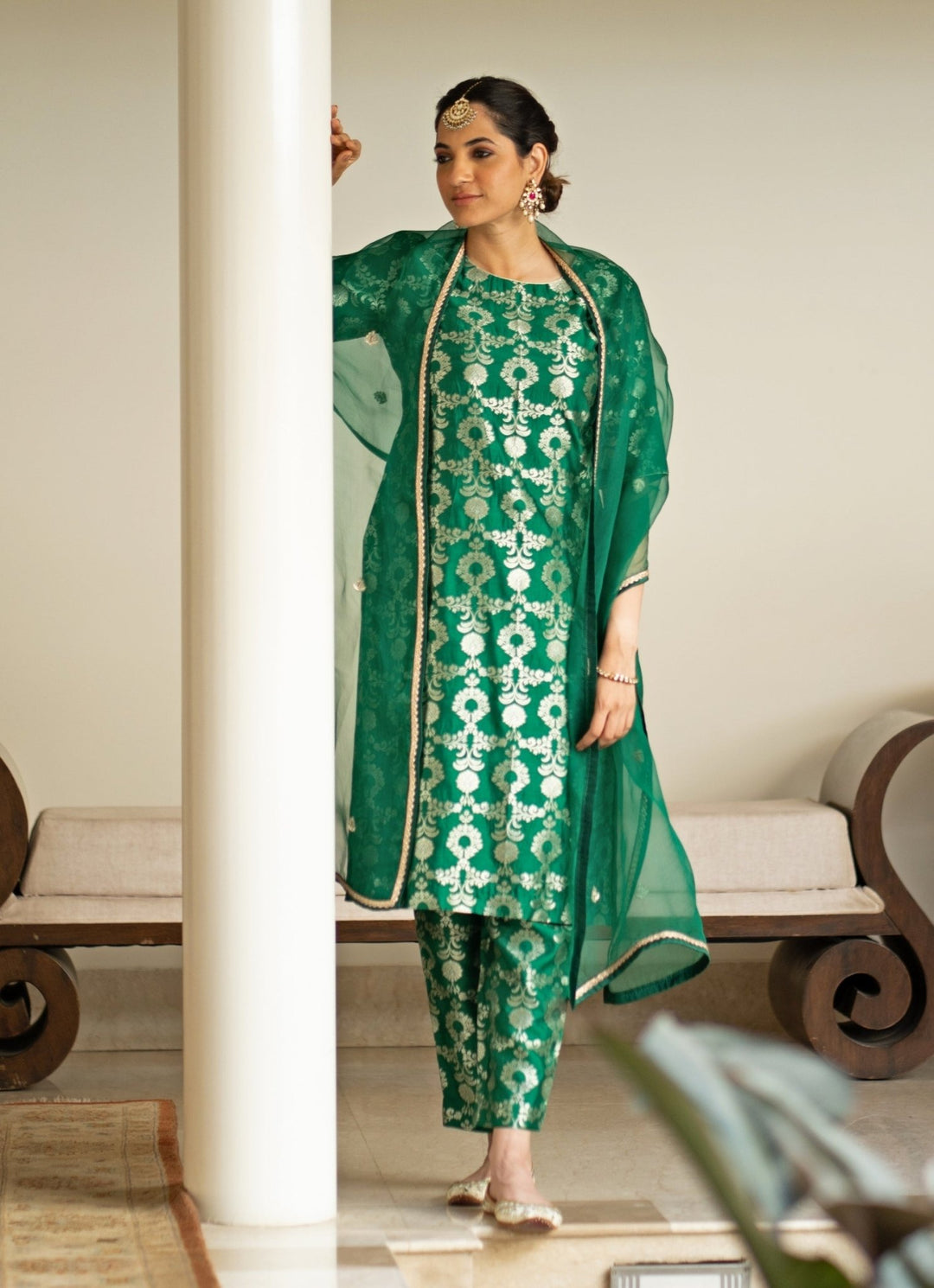 Green Jaal Weaved Brocade Silk Kurta Pant Set Sobariko - Fabilicious Fashion