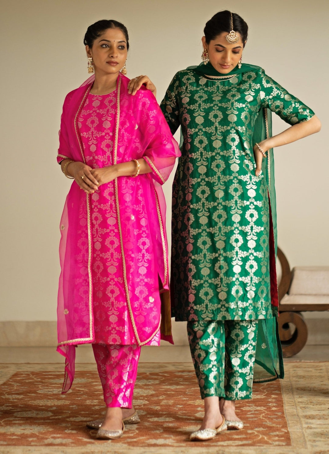 Green Jaal Weaved Brocade Silk Kurta Pant Set Sobariko - Fabilicious Fashion