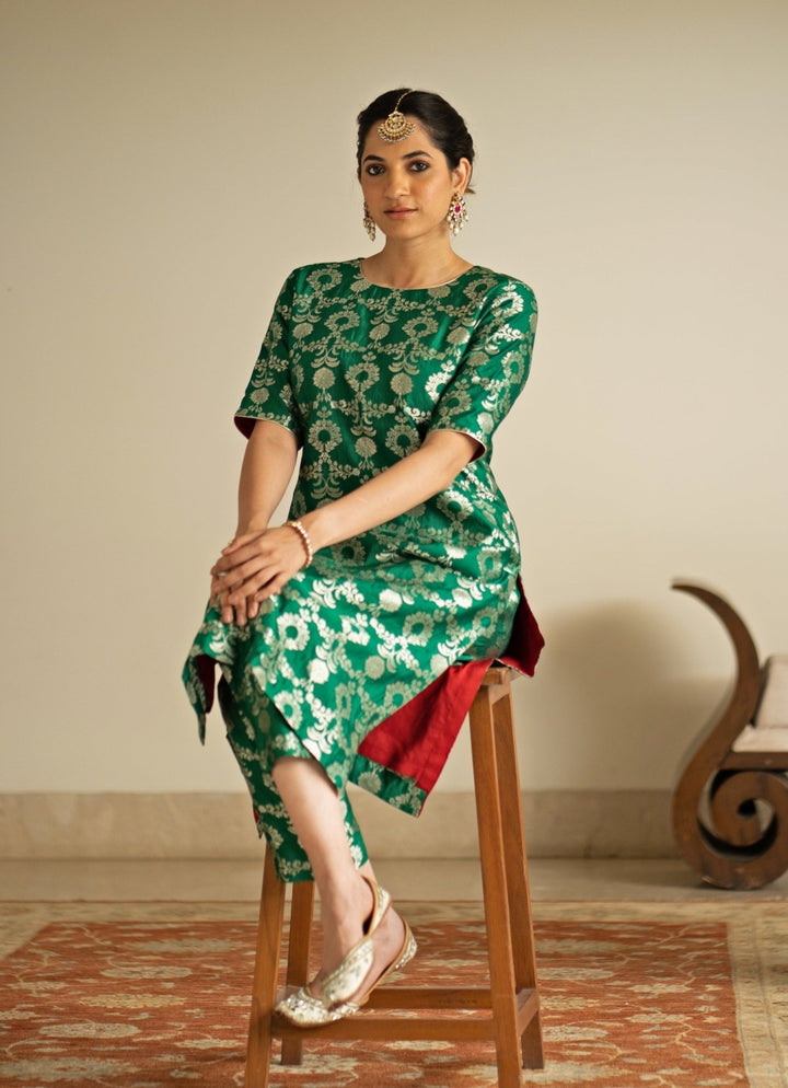 Green Jaal Weaved Brocade Silk Kurta Pant Set Sobariko - Fabilicious Fashion
