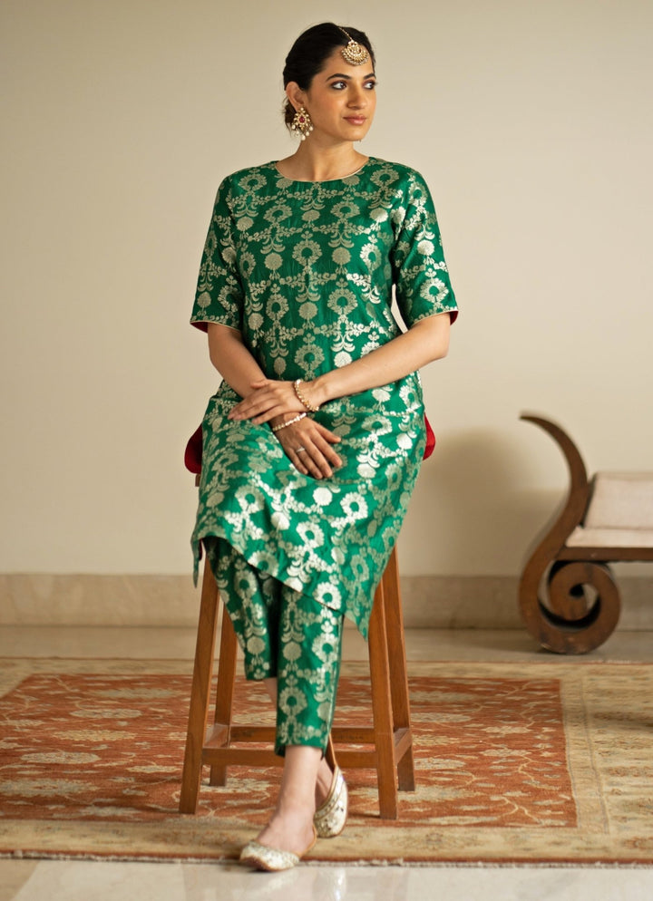 Green Jaal Weaved Brocade Silk Kurta Pant Set Sobariko - Fabilicious Fashion