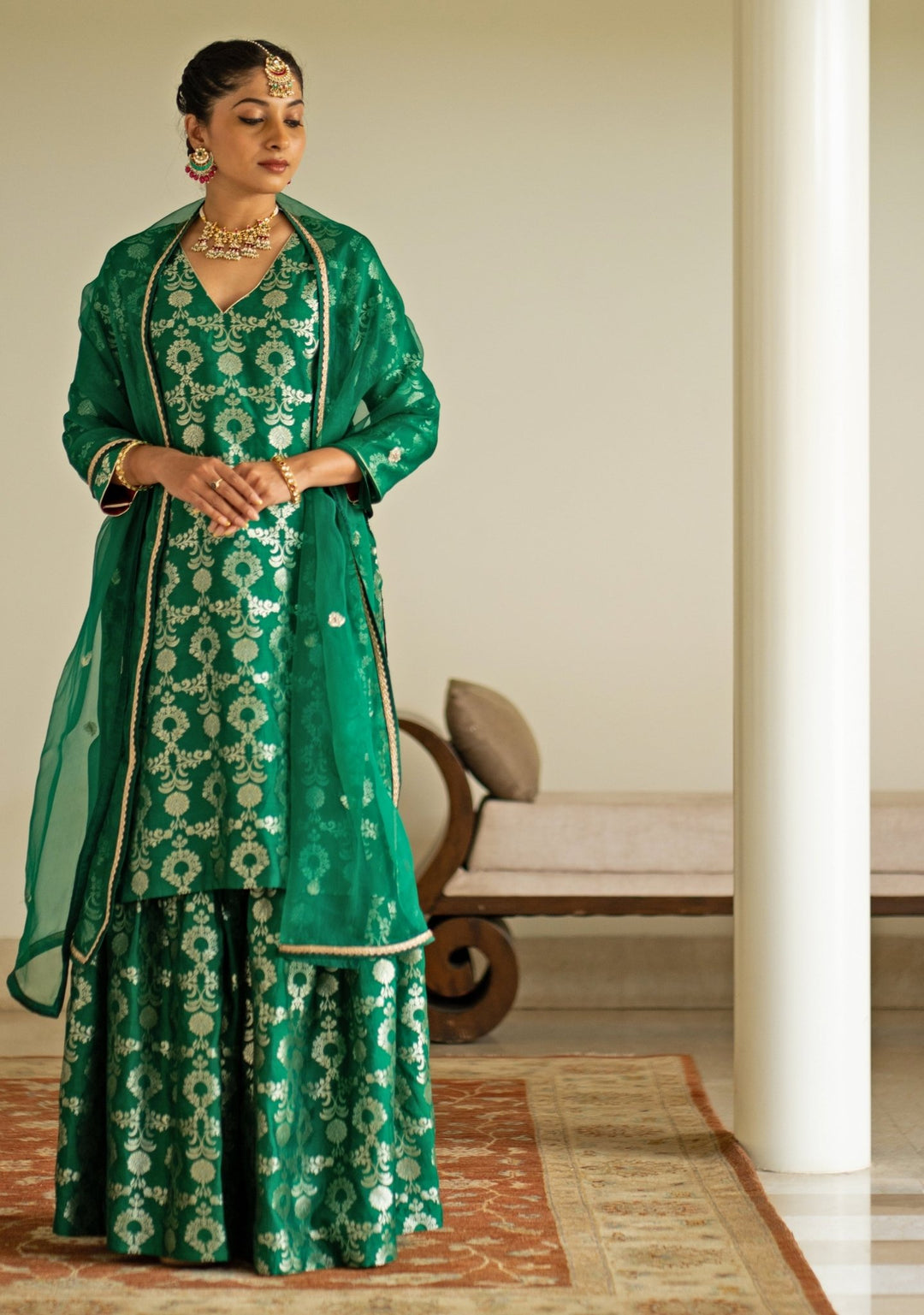 Green Jaal Weaved Silk Kurta Sharara Set Sobariko - Fabilicious Fashion