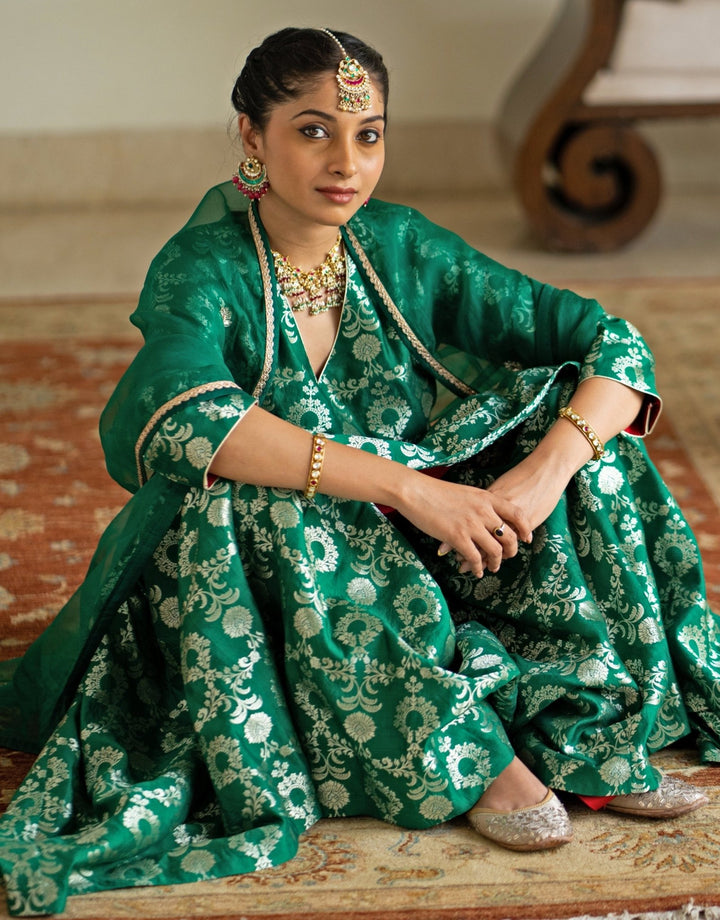Green Jaal Weaved Silk Kurta Sharara Set Sobariko - Fabilicious Fashion