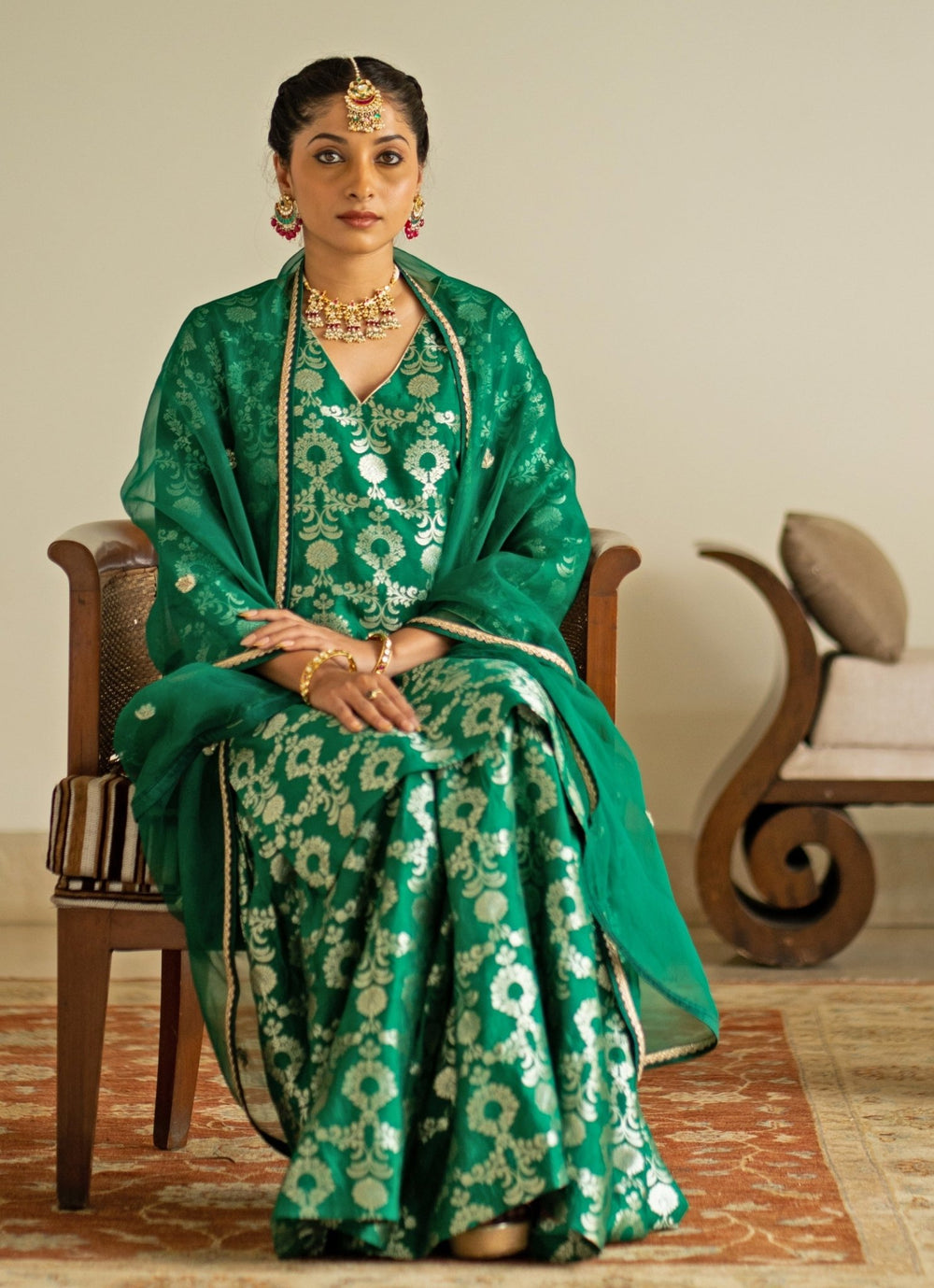 Green Jaal Weaved Silk Kurta Sharara Set Sobariko - Fabilicious Fashion