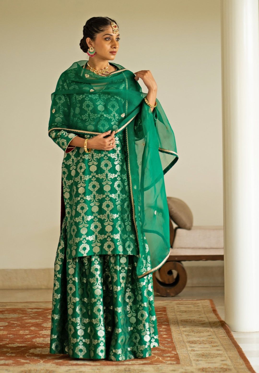 Green Jaal Weaved Silk Kurta Sharara Set Sobariko - Fabilicious Fashion