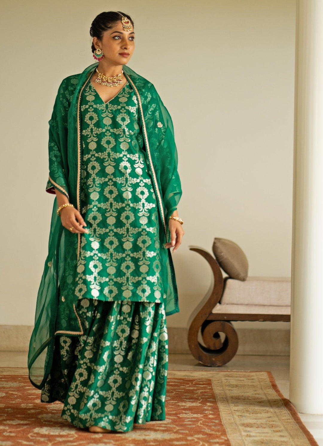 Green Jaal Weaved Silk Kurta Sharara Set Sobariko - Fabilicious Fashion