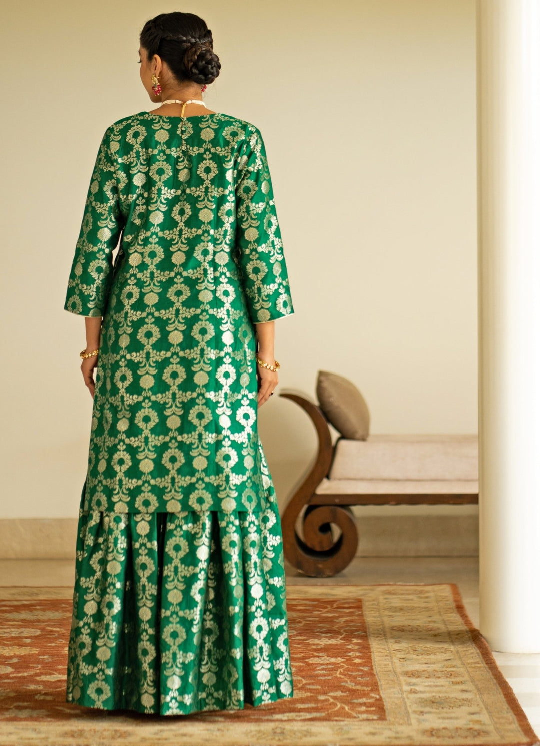 Green Jaal Weaved Silk Kurta Sharara Set Sobariko - Fabilicious Fashion
