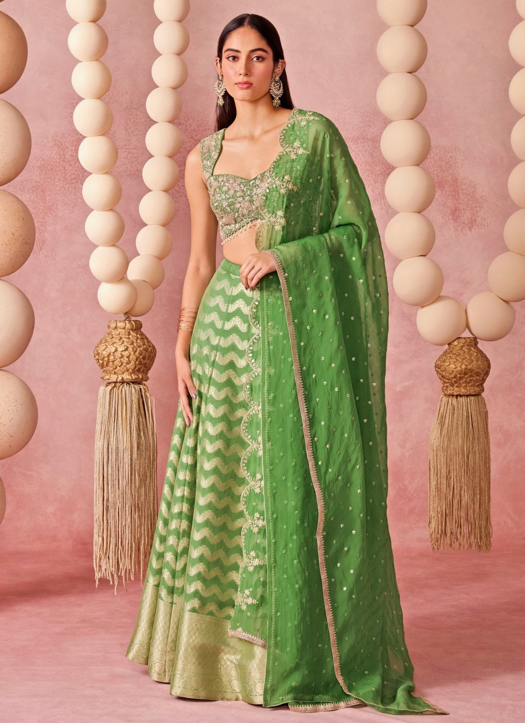 Chamee And Palak Green Jamewar Lehenga SetFabilicious Fashion