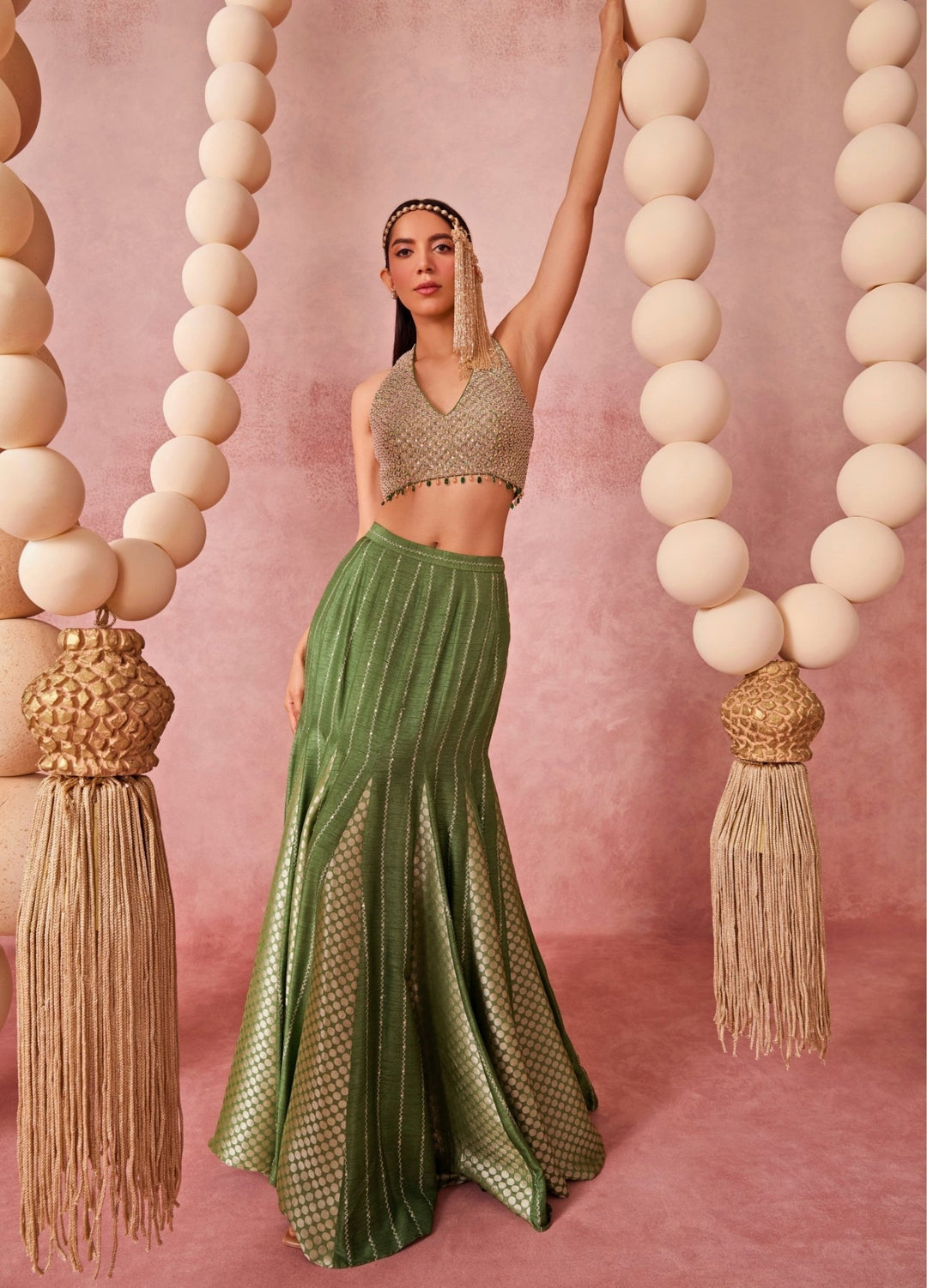 Chamee And Palak Green Jamewar Mermaid Lehenga SetFabilicious Fashion