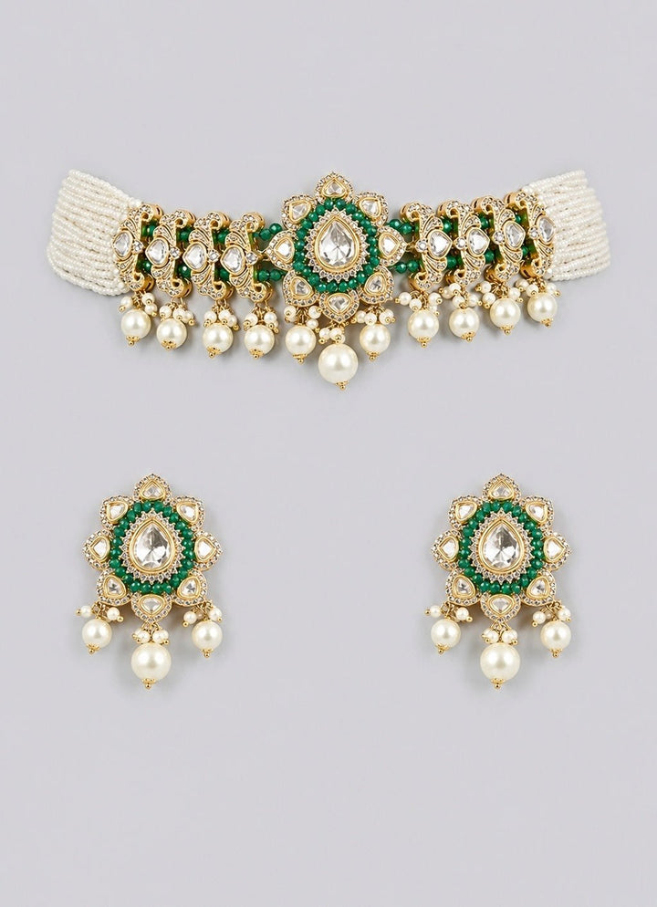 Zevar by Geeta Green Kundan And Pearl Choker Necklace SetFabilicious Fashion