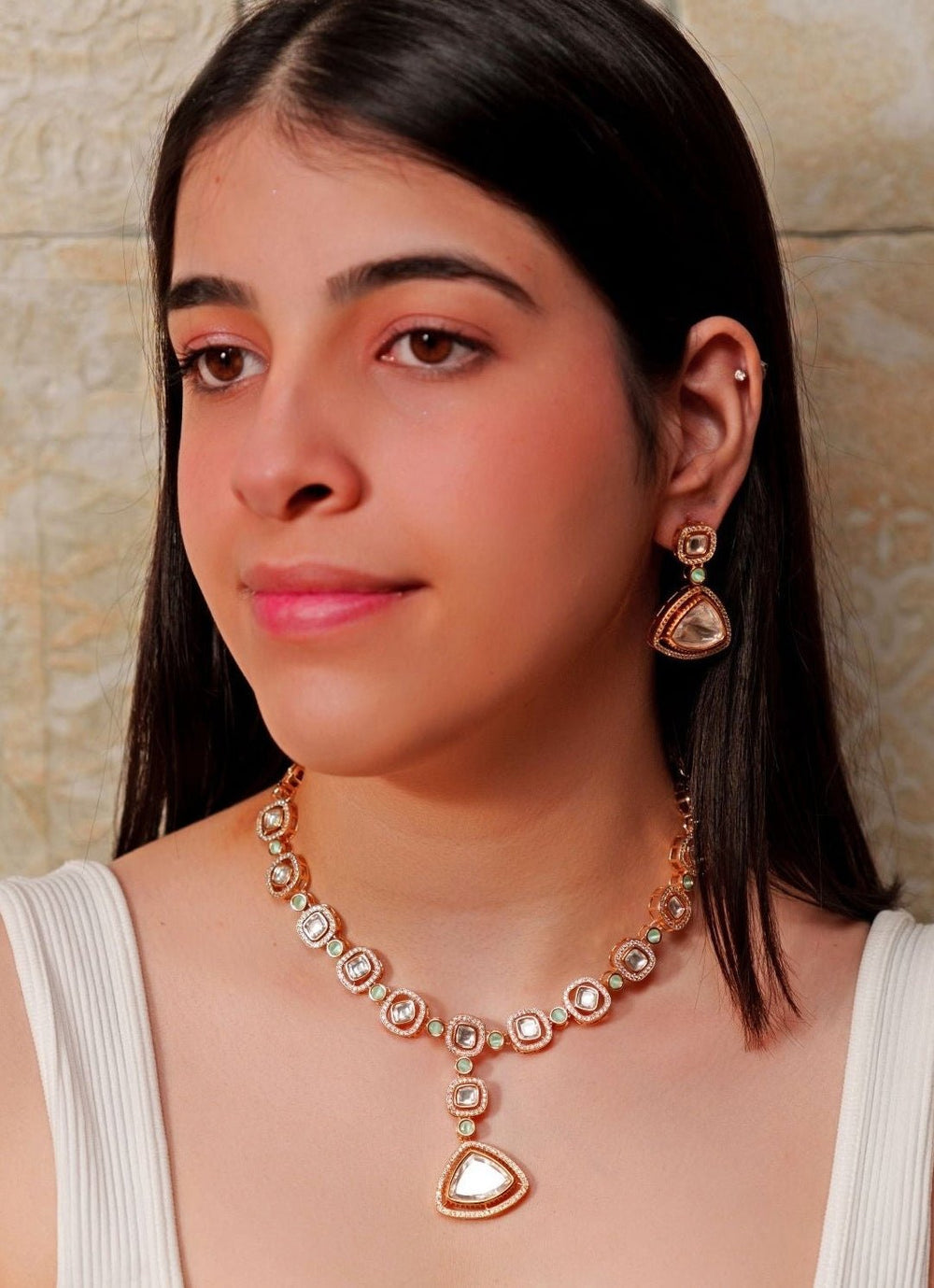Green Kundan Gold Necklace Set Zevar By Geeta - Fabilicious Fashion