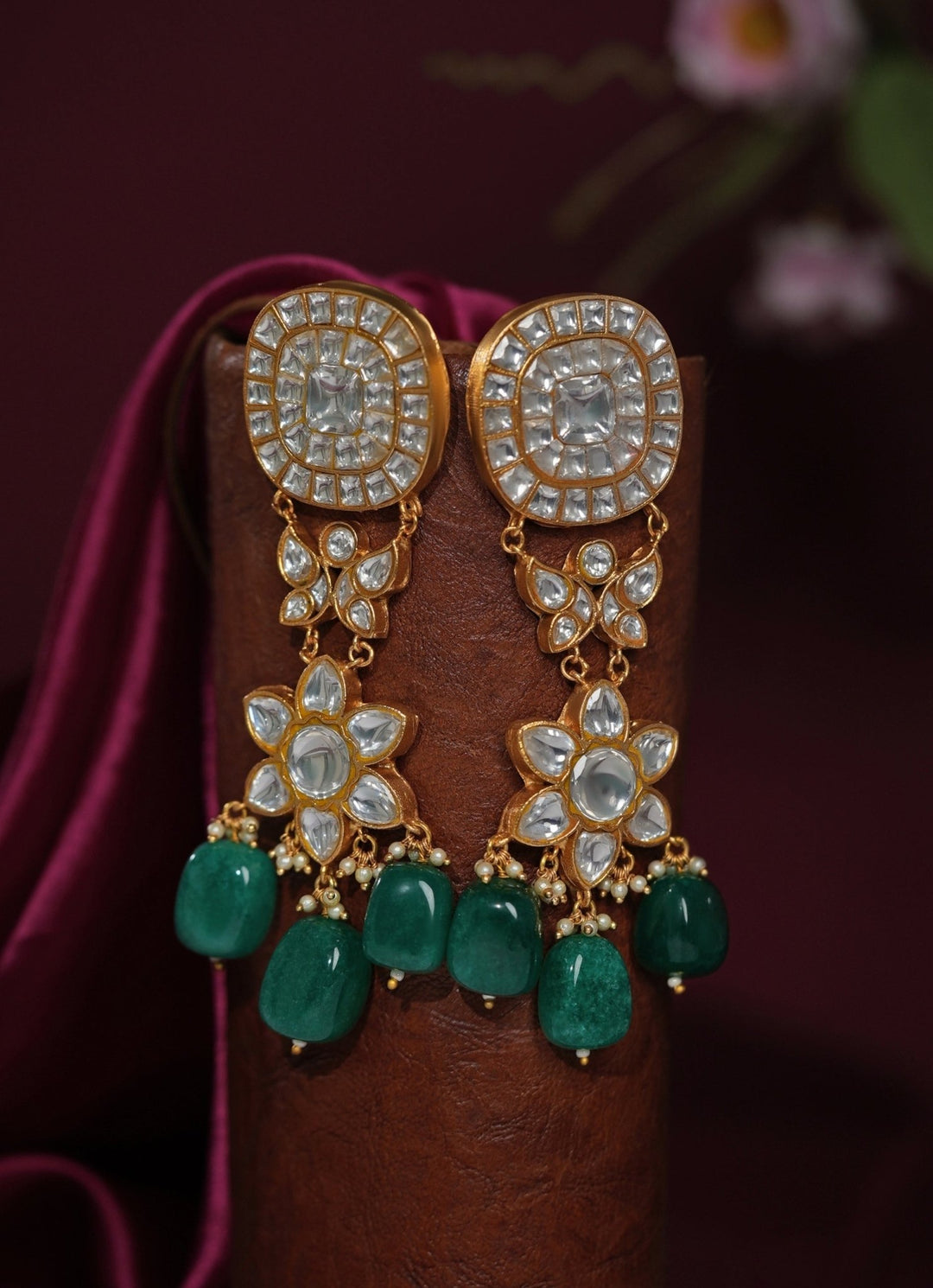 Green Kundan Matte Gold Long Earrings Riana Jewellery - Fabilicious Fashion