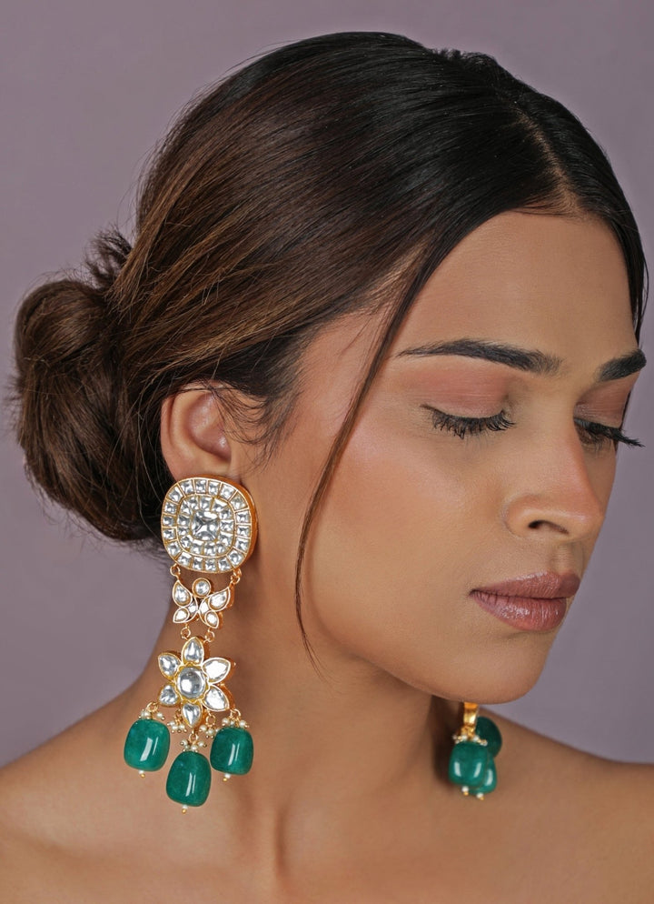 Green Kundan Matte Gold Long Earrings Riana Jewellery - Fabilicious Fashion