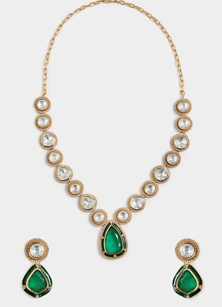 Green Kundan Pendant Necklace With Earrings Vivinia By Vidhi Mehra - Fabilicious Fashion