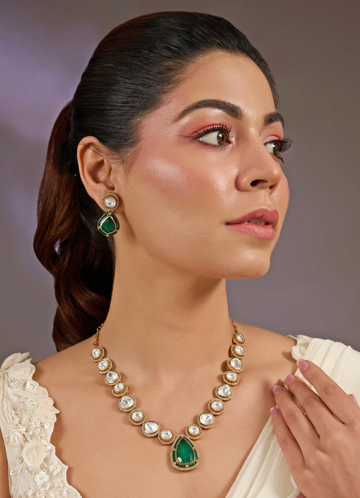 Green Kundan Pendant Necklace With Earrings Vivinia By Vidhi Mehra - Fabilicious Fashion