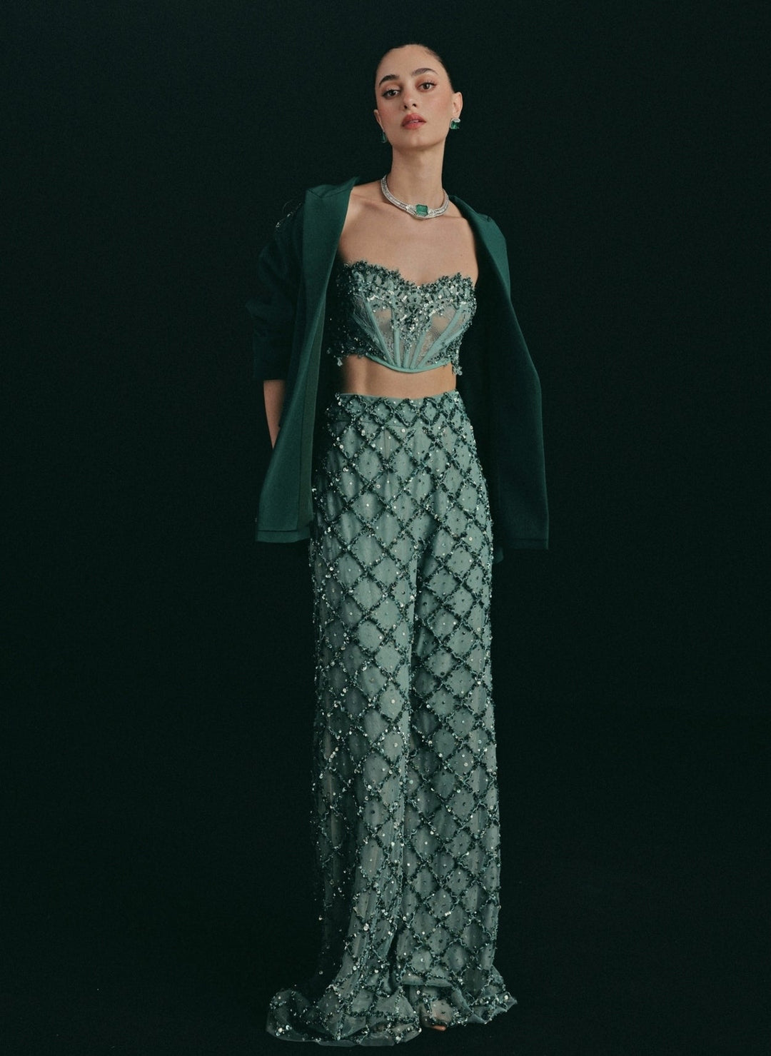 The Little Black Bow Green Lace Corset Pants Set With JacketFabilicious Fashion