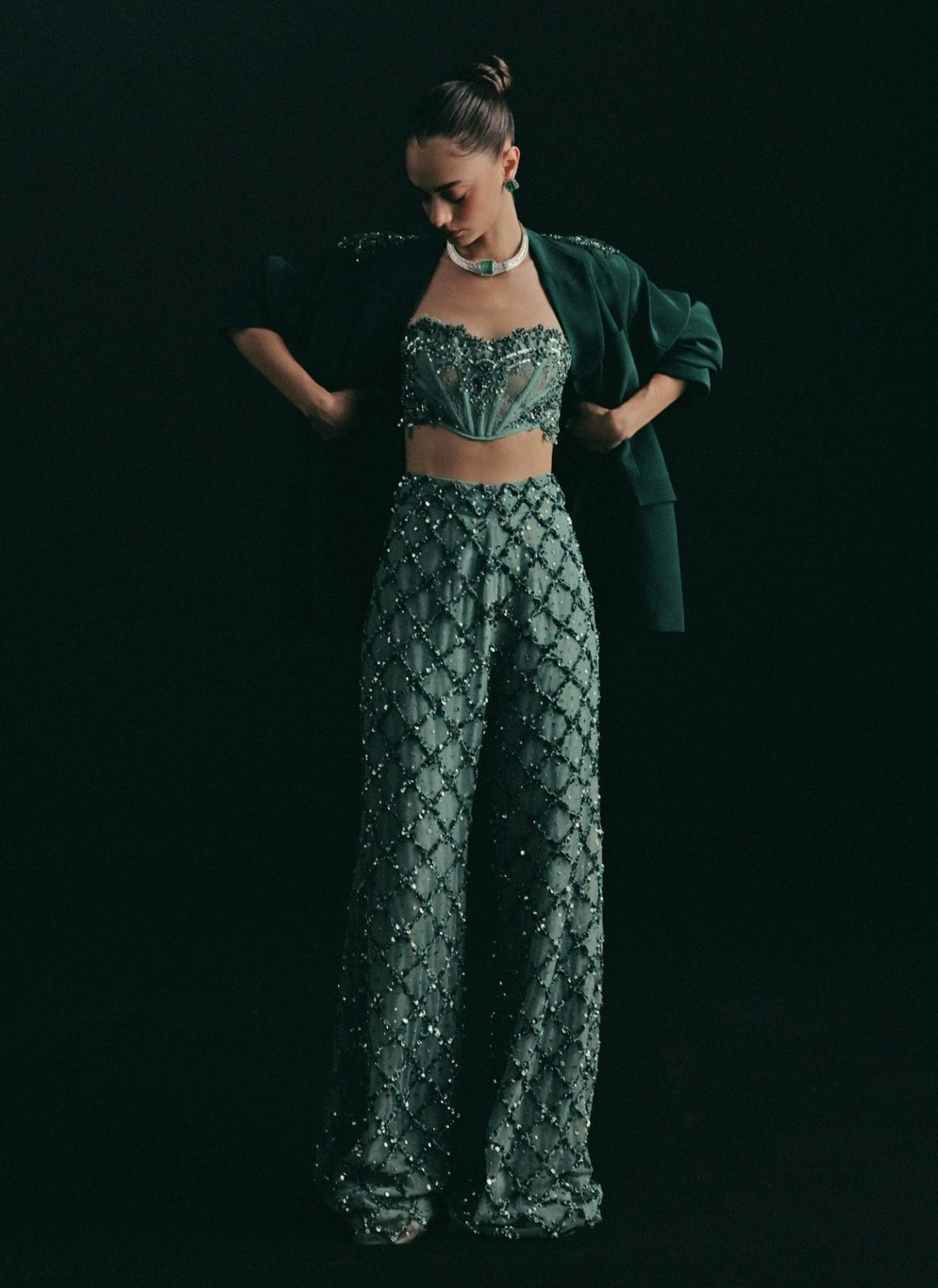 The Little Black Bow Green Lace Corset Pants Set With JacketFabilicious Fashion