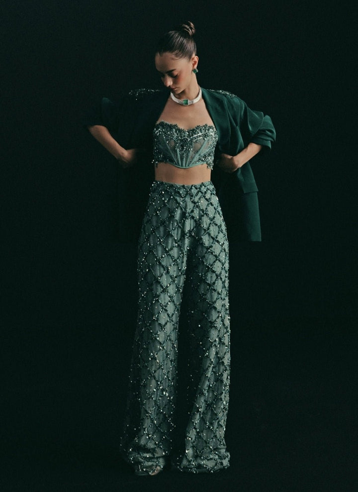 The Little Black Bow Green Lace Corset Pants Set With JacketFabilicious Fashion