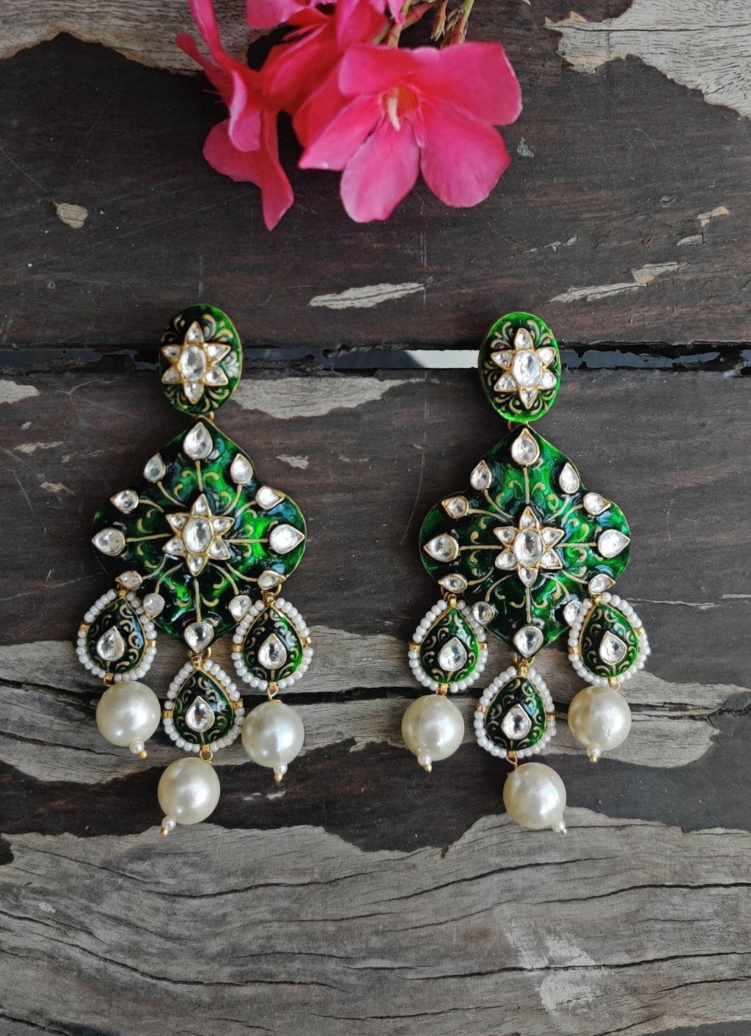 Green Meena Work Earring With Pearl Riana by Shikha Jindal - Fabilicious Fashion