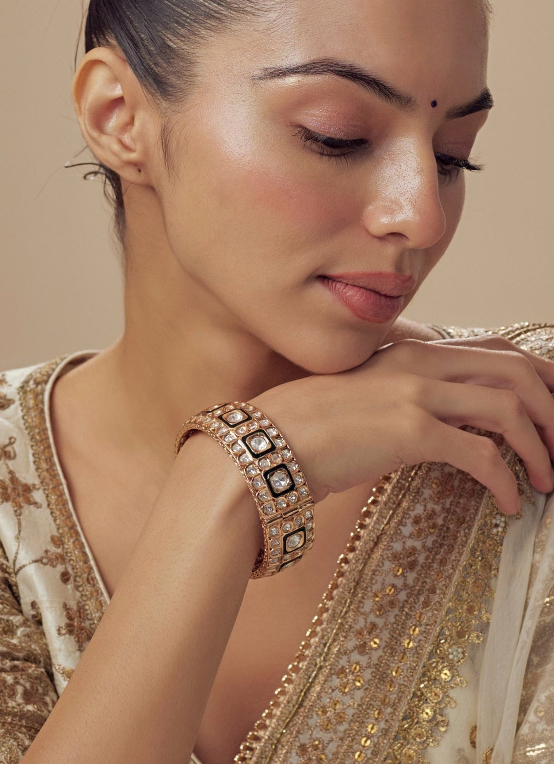 Green Meenakari And Kundan Gold Kada Vivinia by Vidhi Mehra - Fabilicious Fashion