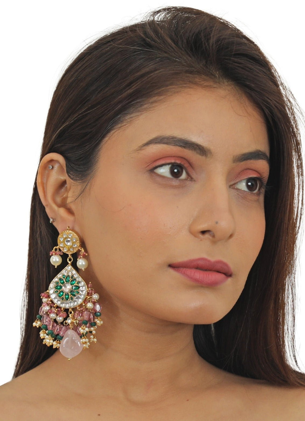 Green Meenakari Earrings With Light Pink Beads Riana Jewellery - Fabilicious Fashion