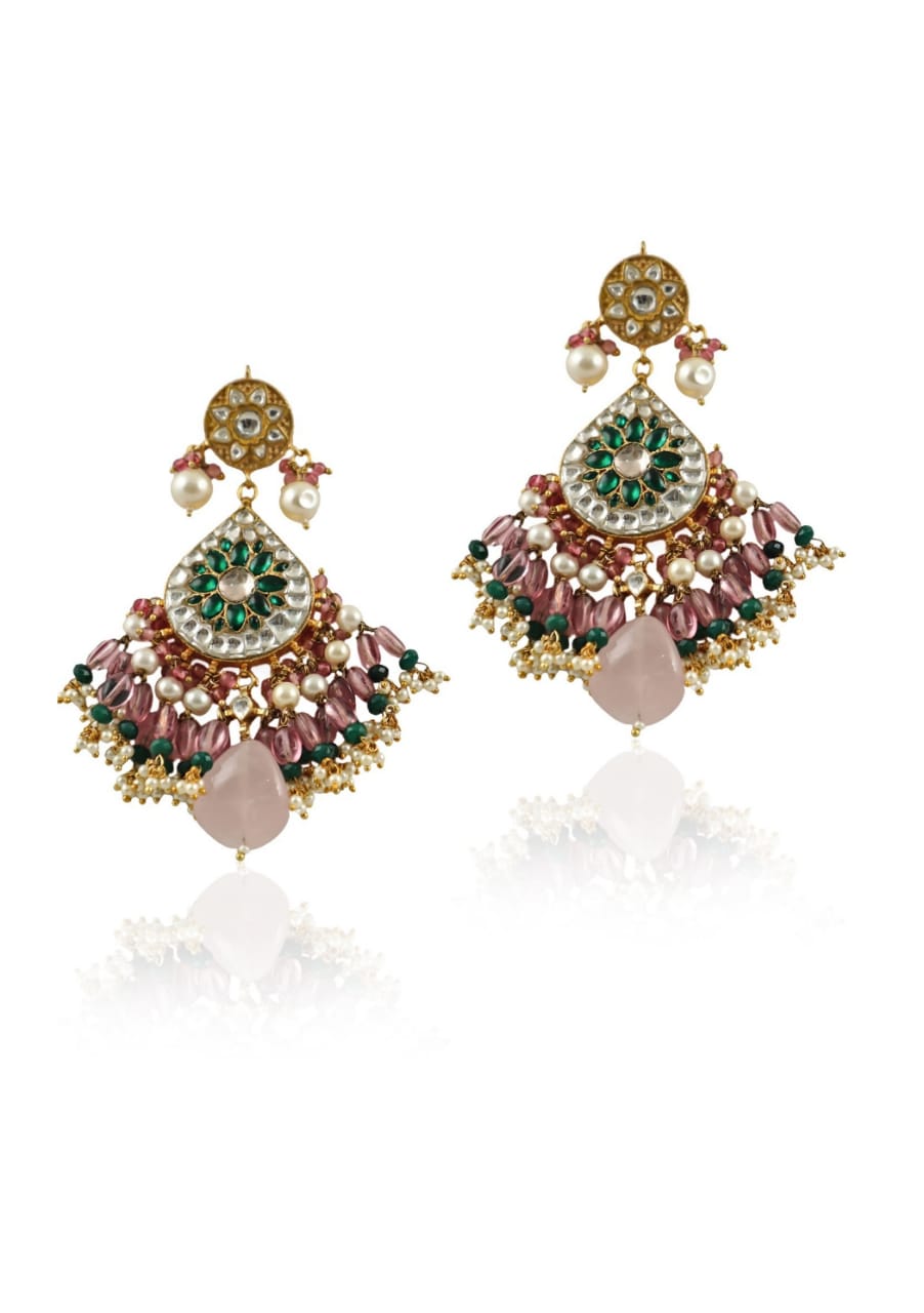 Green Meenakari Earrings With Light Pink Beads Riana Jewellery - Fabilicious Fashion